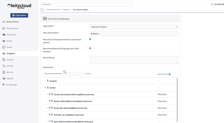 Team Shares lassen sich frei konfigurieren und mit individuellen Rechten und Regeln ausstatten