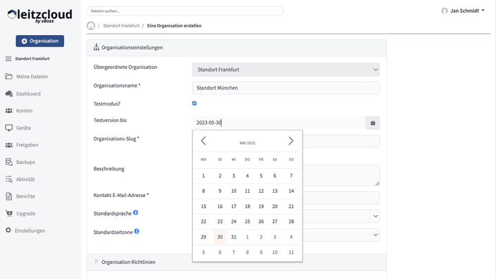 Legen Sie auf Wunsch zusätzliche Organisationen in der leitzcloud an
