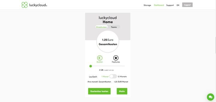Den Home-Tarif von luckycloud für Privat- und Einzelnutzer gibt es ab 1,25 Euro pro Monat