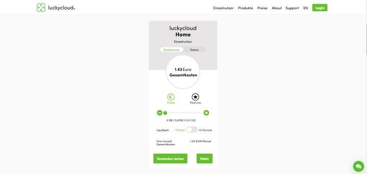 luckycloud Home für Privatnutzer bekommen Sie ab 1,42 Euro pro Monat, wobei Sie den Speicherplatz flexibel erweitern können