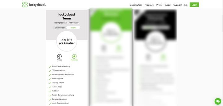 luckycloud Team ist für Teams zwischen 2 und 30 Benutzer ausgelegt und kostet ab 3,43 Euro pro Monat