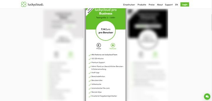 Mit luckycloud Pro Business für ab 7,14 Euro pro Nutzer und Monat sind Teamgrößen zwischen 2 und 1.000 Benutzer möglich