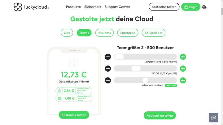 Wähle, wie viel Speicherplatz und wie viele Nutzerplätze du brauchst