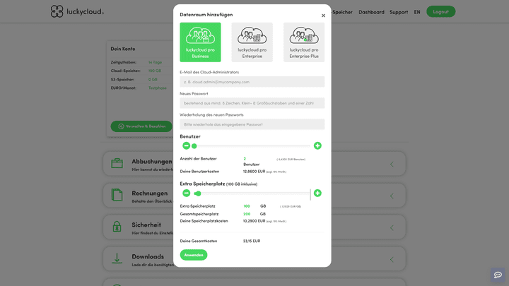 Passe im Dashboard jederzeit dein benötigtes Kontingent an Speicher und Nutzerplätzen an