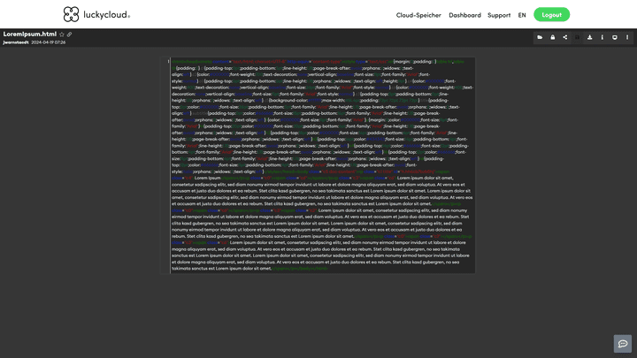 Sogar Formate wie HTML-Dateien kann luckycloud in der Vorschau zeigen