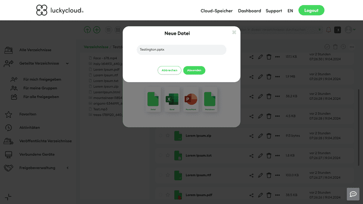 Lege mit nur wenigen Klicks eigene Files in luckycloud an und bearbeite sie