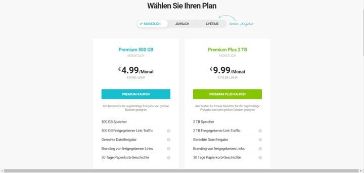 Bei pCloud wählen Sie aus zwei Paketen mit 500 oder 2.000 GB für 5 bzw. 10 Euro pro Monat