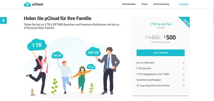 Für Familien mit bis zu 5 Nutzern hat pCloud ein spezielles Lifetime-Angebot