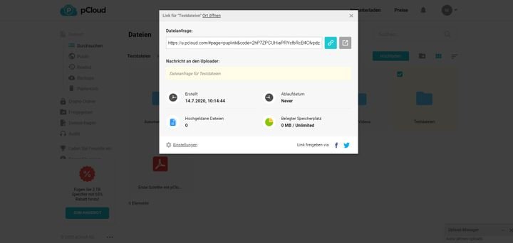 Mithilfe von Upload-Links senden Sie Dateianfragen und erlauben anderen Nutzern, etwas in Ihre pCloud hochzuladen