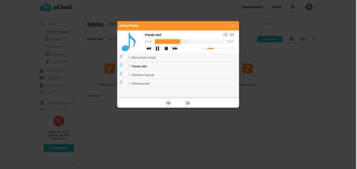 Musikdateien und andere Audiofiles landen bei pCloud in einer Playlist