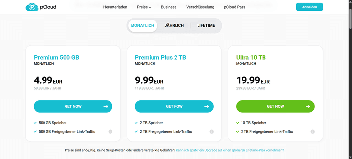 Die Privat-Tarife von pCloud (im Monatsabo) im Überblick