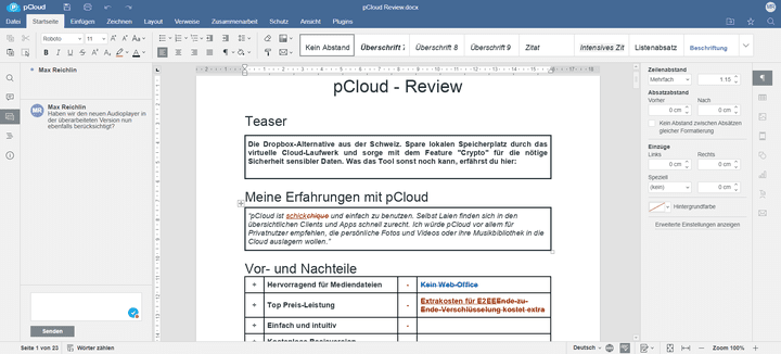 Auch Kommentar- und Vorschlagsfunktionen sind in pCloud mit integriert, was die digitale Zusammenarbeit noch einmal optimiert