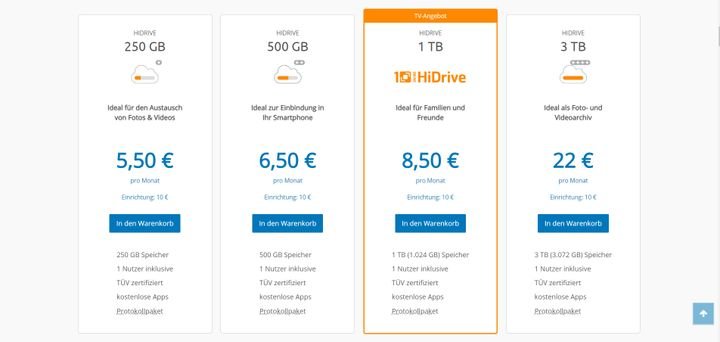 Zwischen 250 GB und 3 TB bietet STRATO HiDrive für Privatnutzer, wofür Sie zwischen 5,50 und 22 Euro bezahlen