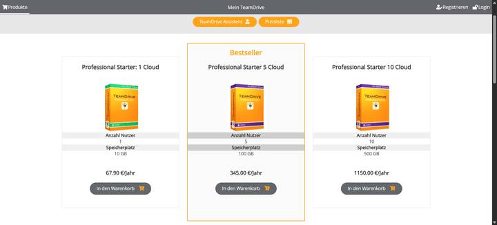 Die Preise für die Cloud-Version von TeamDrive richten sich nach der Anzahl der User-Lizenzen und der Größe des Speichers. Du kannst jeden Tarif aber individuell mit zusätzlichen Speicher und Usern erweitern.