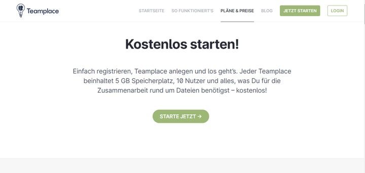 Der kostenlose Tarif von Teamplace enthält 5 GB Speicherplatz und 10 Nutzerlizenzen