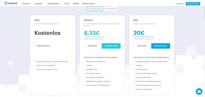Einzelnutzer können Dateien kostenlos versenden oder mit den beiden Premium-Tarifen online lagern und teilen