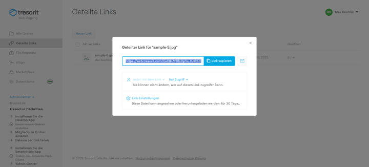 Dateien teilst du mit Tresorit sicher und einfach per Link; diesen kannst du auf verschiedenste Art konfigurieren, um deine Dateien vor unberechtigtem Zugriff zu schützen