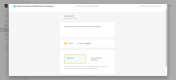 Mit Tresorit eSign lädst du externe Unterzeichner:innen schnell und einfach zum Signieren deiner Dokumente ein – ob nun als einfache Signatur oder als rechtssichere QES