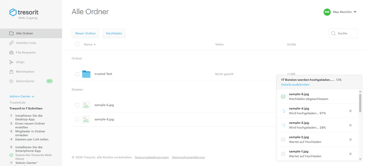 Beim Upload erreicht Tresorit keine Spitzengeschwindigkeiten, hält dich aber auch nicht unnötig lange auf. Der Dateiupload ist zudem ganz einfach per Drag-and-Drop möglich.