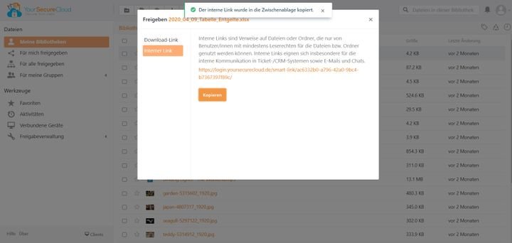 Mithilfe von internen Links gibst du Kolleg:innen in SecureCloud Zugriff auf deine Dateien