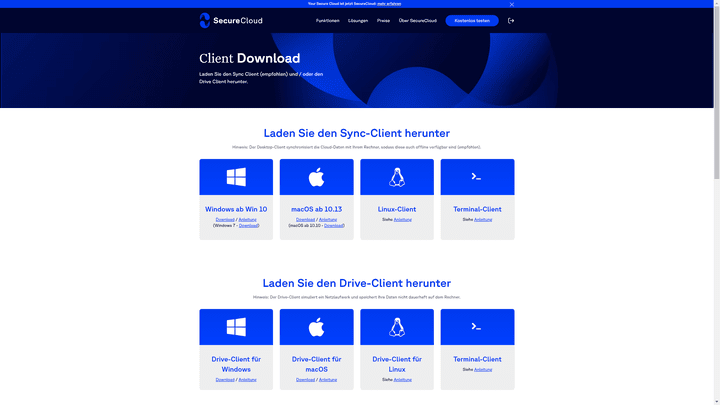 SecureCloud bietet 2 verschiedene Clients an – den Drive-Client und den Sync-Client