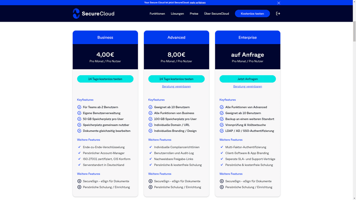 Die Preise von SecureCloud