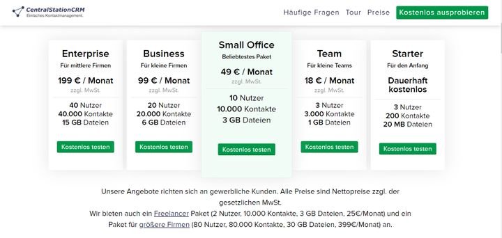 Zwischen 0 und 400 Euro bezahlen Sie für CentralStationCRM abhängig vom gewählten Tarif