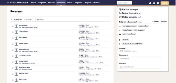 In CentralStationCRM organisieren Sie Ihre Leads und Kunden in der Personendatenbank