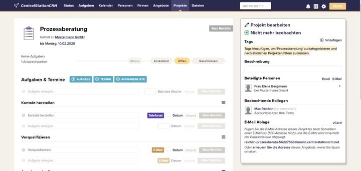 Verwalten Sie Projekte und Projektfortschritte mithilfe von CentralStationCRM