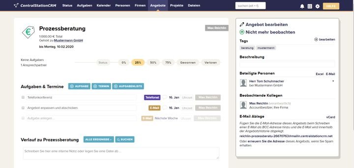 Angebote und Opportunities sowie verknüpfte Aufgaben behalten Sie mithilfe von CentralStationCRM immer im Fokus