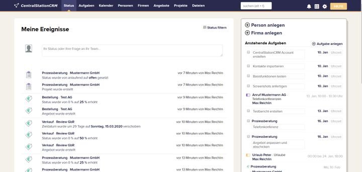 Ein Blick auf die Start- bzw. Status-Seite von CentralStationCRM