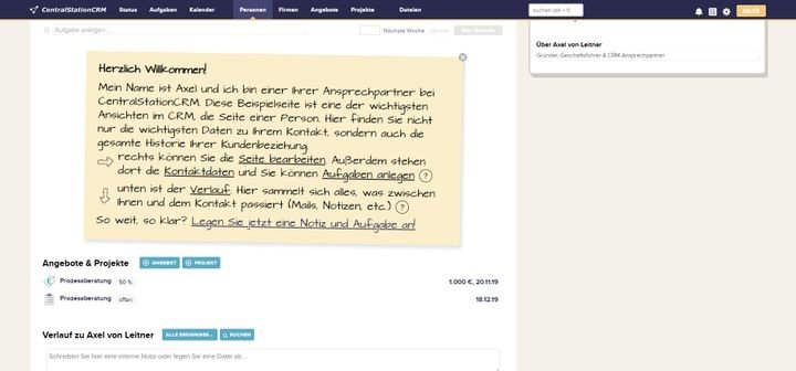 Zu Beginn Ihrer Arbeit mit CentralStationCRM gibt es ein kleines Tutorial, das Sie mit den wichtigsten Handgriffen vertraut macht