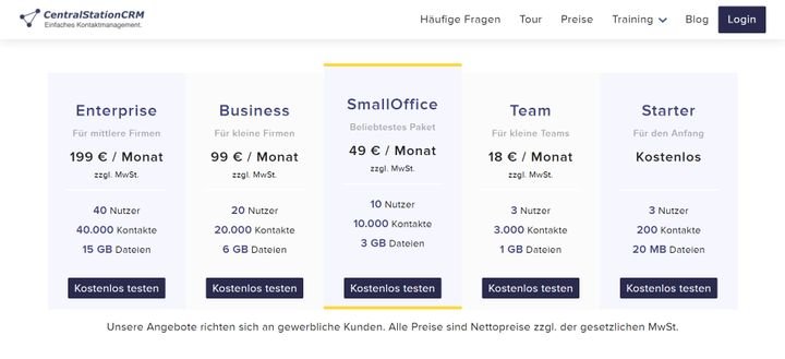 Zwischen 0 und 200 Euro bezahlen Sie für CentralStationCRM abhängig vom gewählten Tarif