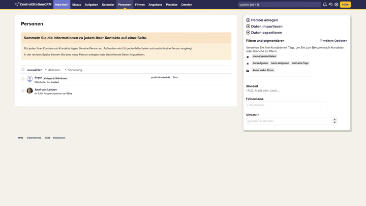 Personen bzw. Firmen können Sie mit wenigen Klicks manuell anlegen und verwalten