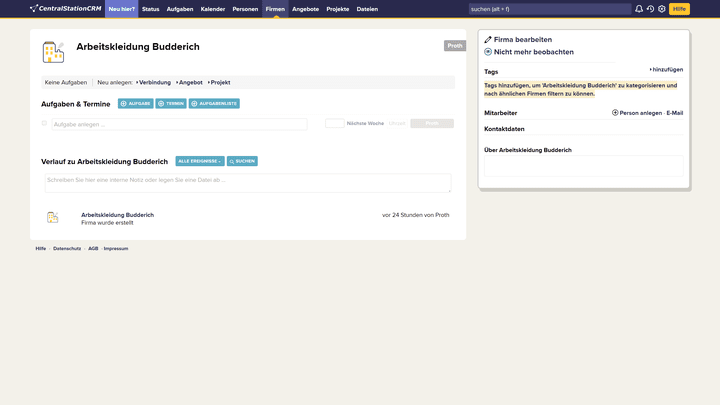 Nach dem gleichen Muster wie Personen können Sie auch Firmendaten anlegen und verwalten