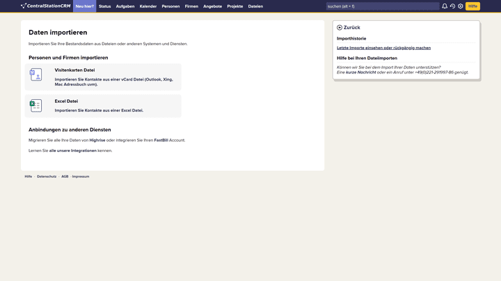 Daten über Kontakte oder Firmen importieren Sie ganz einfach aus bestehenden Excel-Tabellen