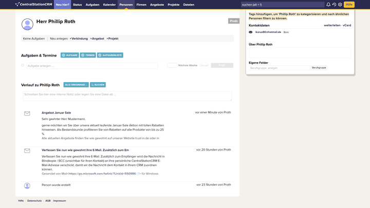 E-Mails senden Sie wie gewohnt über Ihren E-Mail-Client. Eine Blindkopie wird automatisch dem Kontakt angeheftet.