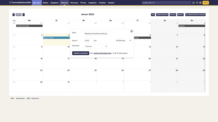 Der Kalender in CentralStationCRM ist übersichtlich und hochfunktional