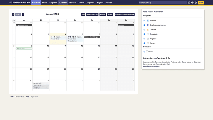 Alle Aufgaben sind auch im Kalender hinterlegt und können je nach Bedarf gefiltert werden