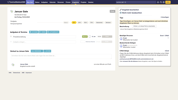 Angebote erstellen Sie mit wenigen Klicks und ernennen zuständige Mitarbeiter:innen