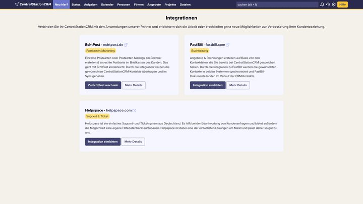 Mögliche Integrationen für CentralStationCRM von Drittanbietern und Partnern