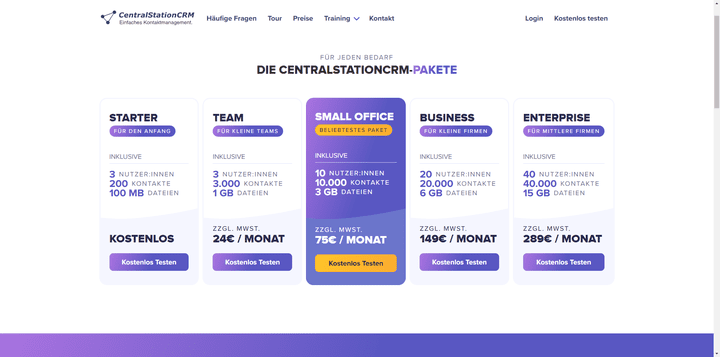 Eine Übersicht der Preise und Tarife von CentralStationCRM