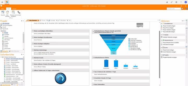 Ein Blick auf die Start- bzw. Hauptseite von combit CRM