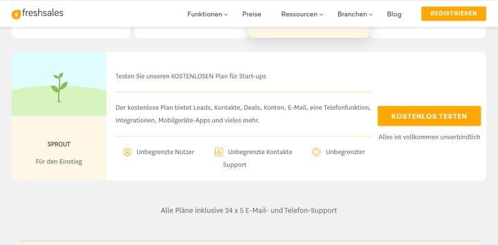 Freshsales bietet mit dem Tarif “Sprout” einen kostenlosen Tarif für Einsteiger und kleine Teams