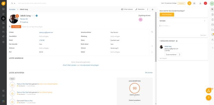 In den einzelnen Kontaktakten finden Sie alle wichtigen Informationen, verfolgen die Kontakthistorie oder hinterlassen Notizen für Ihr Team