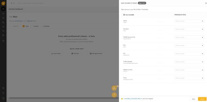 Im Dateiimport müssen Sie die relevanten Felder für Ihre Datensätze manuell mappen