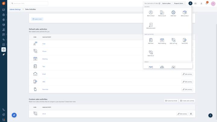 Aktivitäten erstellen und verwalten Sie in Freshsales selbstständig und benutzerdefiniert