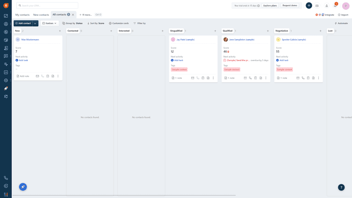 Kanban-Ansicht der Kontaktliste mit gut sichtbaren Lead-Scores
