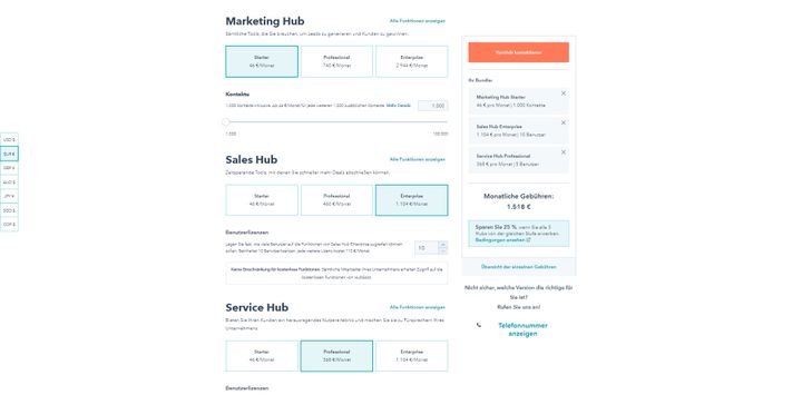 Im Online-Konfigurator von HubSpot stellen Sie sich aus den Hubs und Tarifen Ihre eigene Suite zusammen