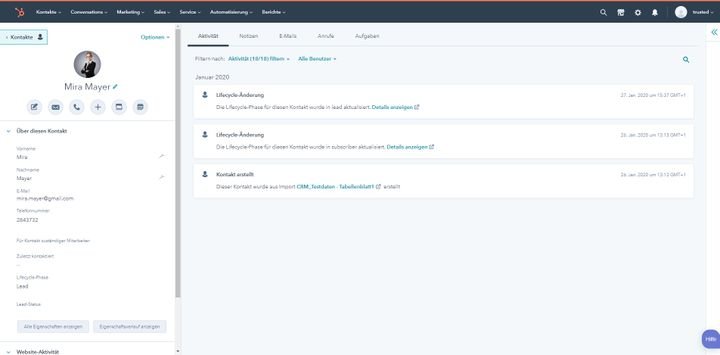 In der Detailansicht Ihrer HubSpot Kontaktprofile finden Sie alle Infos sowie die komplette Kontakthistorie